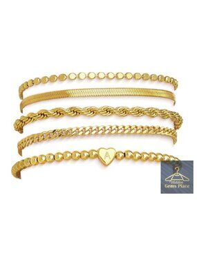 Bracelet Stack Set - 5 Non Tarnish Gold Bracelets with Initial Charm,